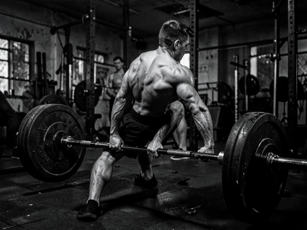 Lifter pulling a heavy deadlift in a dark gym
